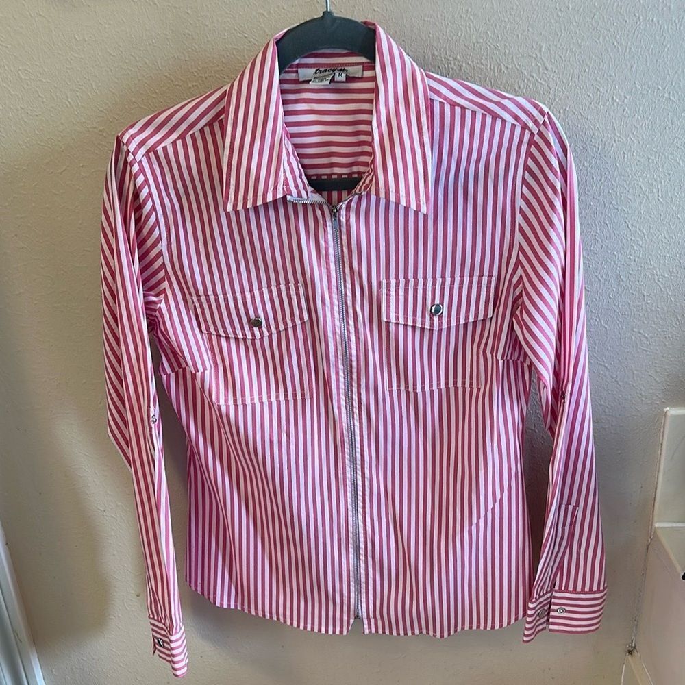 Pink and White Striped Zip-Up Shirt by Tracy M
